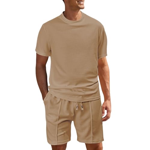 Duohropke Kurz Shirt und Short Herren Mode Waffel Freizeitanzug Einfarbig Basic Bequem Set Sommer Gerippt Leichte T Shirt und Short mit Kordelzug von Duohropke