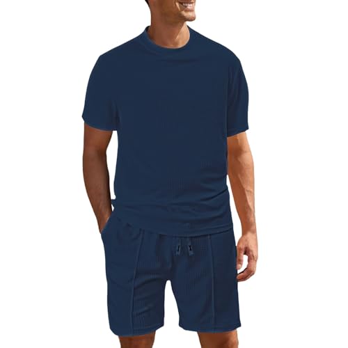 Duohropke Kurz Shirt und Short Herren Mode Waffel Freizeitanzug Einfarbig Basic Bequem Set Sommer Gerippt Leichte T Shirt und Short mit Kordelzug von Duohropke