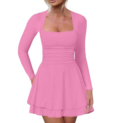 Duohropke Langärmeliges Tenniskleid mit quadratischem Damen Modisch Elegant Kurzes Kleid mit Eingeschlagener Taille Elegant Langärmelig Minikleid von Duohropke