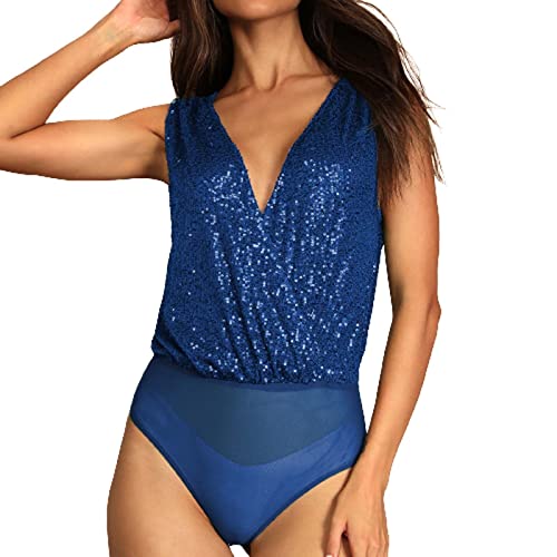 Duohropke Langarmbody Damen Glitzer Ärmellos Tank Top Tiefer V-Ausschnitt Blusenbody Shapewear Stringbody Unterhemd Oberteil Tops Jumpsuit von Duohropke