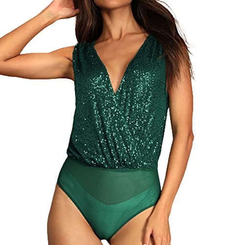 Duohropke Langarmbody Damen Glitzer Ärmellos Tank Top Tiefer V-Ausschnitt Blusenbody Shapewear Stringbody Unterhemd Oberteil Tops Jumpsuit von Duohropke