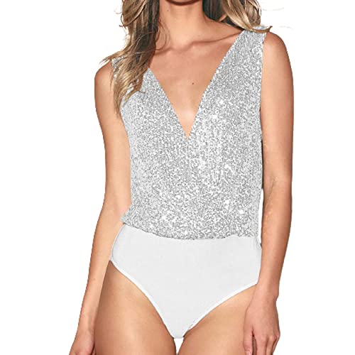 Duohropke Langarmbody Damen Glitzer Ärmellos Tank Top Tiefer V-Ausschnitt Blusenbody Shapewear Stringbody Unterhemd Oberteil Tops Jumpsuit von Duohropke