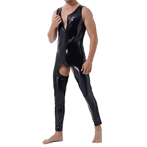 Duohropke Latex Catsuit Männer Herren Jumpsuit aus Wetlook Material Slim Fit Latex Glänzend Overall Sexy Oberteil Lack Leder Mesh Herrenmode Outfit Muskelshirt Party Clubwear Lack Optik Wetlook von Duohropke