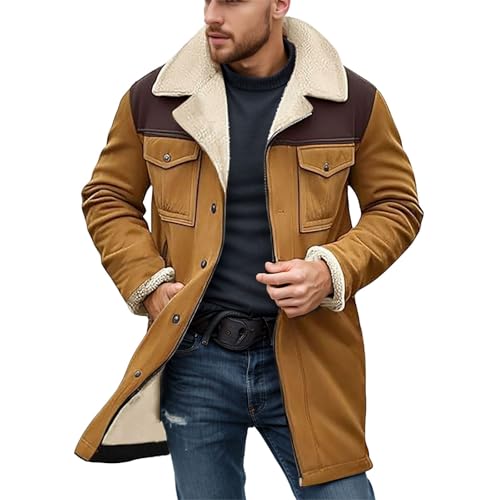 Duohropke Ledermantel Herren Lang Gefüttert Wintermantel Casual Teddyjacke Plüsch Umgekehrter Kragen Freizeitjacke Wildleder Mantel Vintage Trenchcoat Winterjacke Cargo Jacke mit Taschen von Duohropke