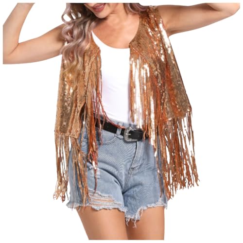Duohropke Metallic Glänzend Jacke Damen Party Club Jacke Tops Hiphop Lametta Cardigan Festlich Rave Outfit Pailletten-Fransenweste Boho Western Jacke von Duohropke