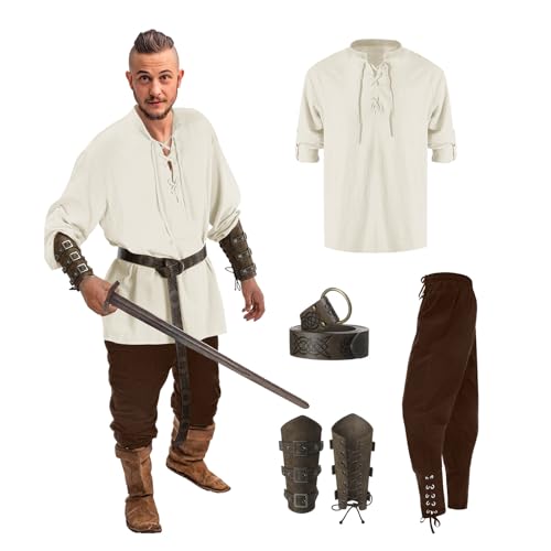 Duohropke Mittelalter Hemd Viking Kostüm Herren Renaissance Viktorian Piraten Schnürhemd Fischerhemd Kriegerin Gothic Stehkragen Cosplay Top with Kniebundhose Armschützer Ritter Gürtel von Duohropke
