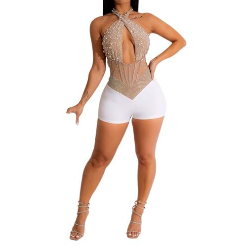 Duohropke Neckholder Body Damen Mesh Bodysuit Strass besetzt Bodysuit Transparent Sheer Mesh Body Hohl ärmellos Slim Fit Overall Modische Jumpsuit von Duohropke