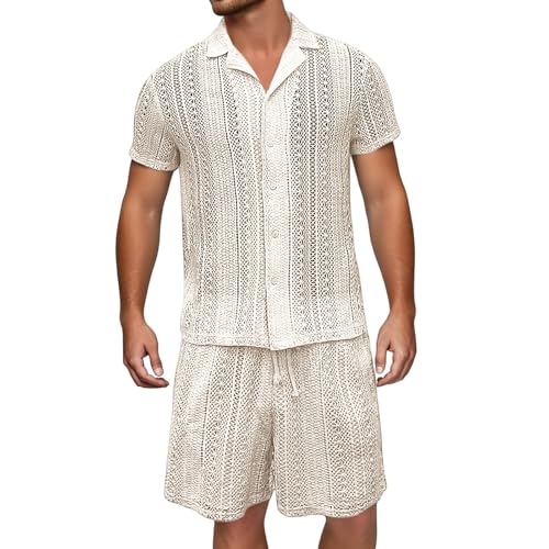Duohropke Outfit Herren Transparent Netz Hemd Shorts Set Strick Button Down T-Shirt Kurze Hose 2 Stück Sommer Freizeitanzug Durchsichtige Trainingsanzug Luftig Kleidungsets von Duohropke