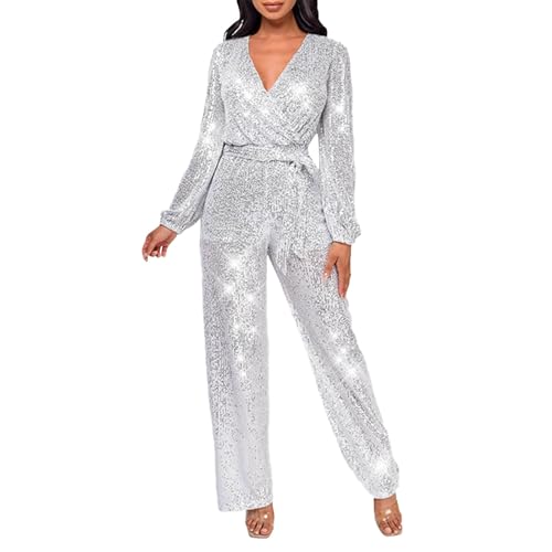 Duohropke Overall Damen Jumpsuit V-Ausschnitt Langarm Elegant Bodysuit mit Gürtel Sexy Abendkleid Butt Pailletten Eng Einteiler Hohe Taille Playsuit Leistungskleidung von Duohropke