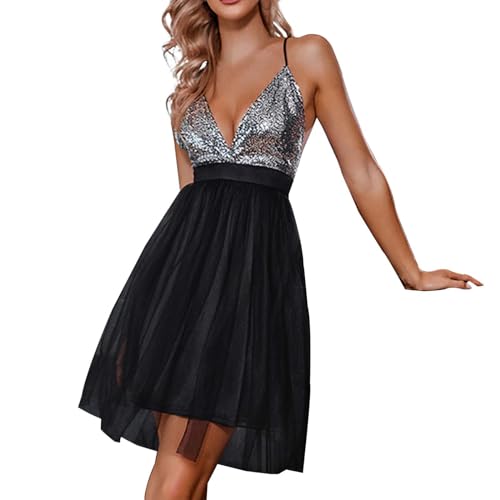Duohropke Paillettenkleid Damen Schwarz Hochzeit Glitzer Cocktailkleid Brautkleid Partykleid Boho Kleid V-Ausschnitt Glänzende Kleider Sequin Dress Karneval Kostüm von Duohropke