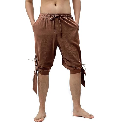 Duohropke Pluderhose Mit Schnürung Sommerhose Wikinger Pirat Mittelalter Kostüm Herren Kurz Hose Freizeithose Strand Shorts 3/4 Leinenhose Baggy shorts Yoga hosen von Duohropke