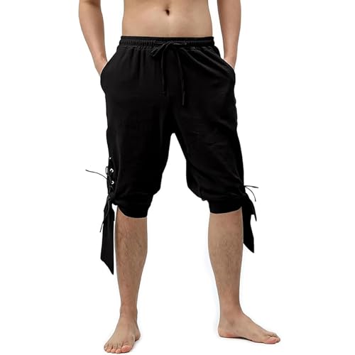 Duohropke Pluderhose Mit Schnürung Sommerhose Wikinger Pirat Mittelalter Kostüm Herren Kurz Hose Freizeithose Strand Shorts 3/4 Leinenhose Baggy shorts Yoga hosen von Duohropke