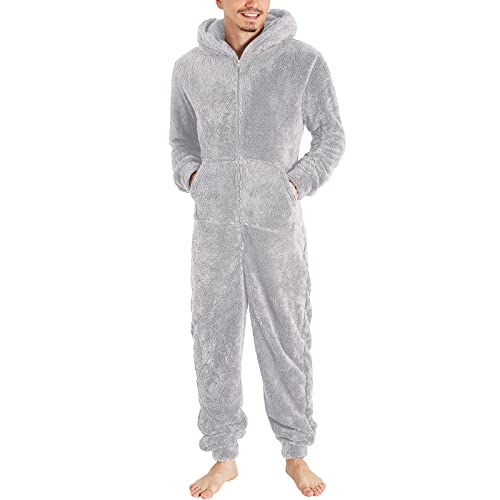 Duohropke Plüsch Jumpsuit Herren Große größen Winter Warm Teddy Fleece Schlafanzug mit Reißverschluss Einteiler Overall mit Kapuze Flauschig Hausanzug Lang Schlafoverall Weich Pyjama Kapuzenpullover von Duohropke