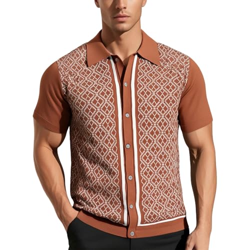 Duohropke Poloshirt Herren 70er Jahre Vintage Shirts Contrast Gestrickte Polohemd Muster Cardigan Sommer Golfshirts Atmungsaktives Strickhemden Button Down Kleidung Jacquard Oberteile von Duohropke