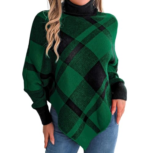 Duohropke Pullover Damen Winter Warm Elegant Poncho Zopfmuster Rollkragenpullover Outdoor Oversized Pullover Kariertes Casual Rollkragenpulli Poncho von Duohropke