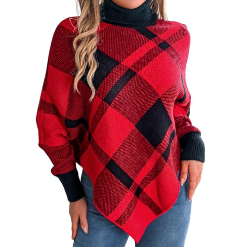 Duohropke Pullover Damen Winter Warm Elegant Poncho Zopfmuster Rollkragenpullover Outdoor Oversized Pullover Kariertes Casual Rollkragenpulli Poncho von Duohropke