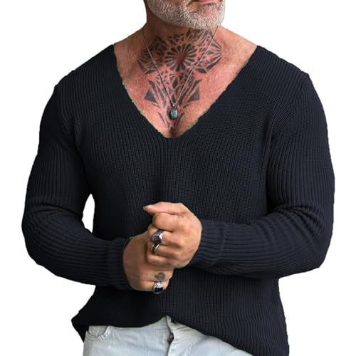 Duohropke Pullover Herren Ohne Kapuze Techwear Hip Hop Long Sleeve V Neck Oversized Strickpullover Winterpullover Herren Spleißen Streetwear von Duohropke