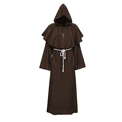 Duohropke Robe Mönch Kostüm Herren mit Kapuze und Kreuz, Mönch Priester Kostüm Gewand Mittelalter Renaissance Kostüm Herren Robe Hooded Mönchskutte Halloween Kostüm Herren Cosplay Mönchskostüm von Duohropke