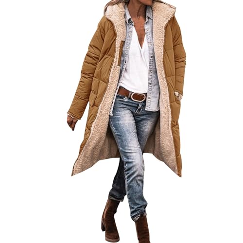 Duohropke Sherpa Jacken für Damen, Wendemantel, 2023 Herbst Mode Mäntel, Zip Up Warm Fleece Mäntel Mit Reißverschluss Casual Loose Lange Kapuzenjacken Oberbekleidung von Duohropke