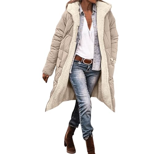 Duohropke Sherpa Jacken für Damen, Wendemantel, 2023 Herbst Mode Mäntel, Zip Up Warm Fleece Mäntel Mit Reißverschluss, Casual Loose Lange Kapuzenjacken Oberbekleidung von Duohropke