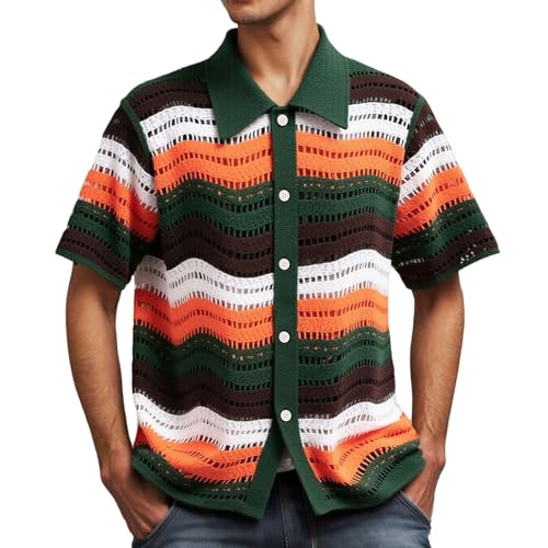 Duohropke Strickhemd Herren Kurzarm V-Ausschnitt Poloshirts Streifen Sommer Golf Shirt Gestreiftes Strick Hemden Ausgehöhltes Atmungsaktiv Freizeithemd Lässige Umlegekragen Polohemd von Duohropke