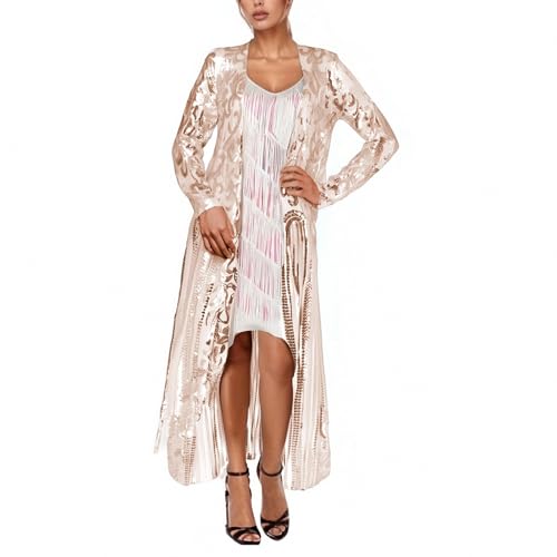 Duohropke Strickjacke Damen Pailletten Cardigan Langes Mantel Frühling Herbst Strickpullover Glitzer Maxi Offnen Jacke Stickerei Transparent Sommerjacke Kleid für Abendparty Karneval von Duohropke