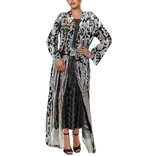 Duohropke Strickjacke Damen Pailletten Cardigan Langes Mantel Frühling Herbst Strickpullover Glitzer Maxi Offnen Jacke Stickerei Transparent Sommerjacke Kleid für Abendparty Karneval von Duohropke