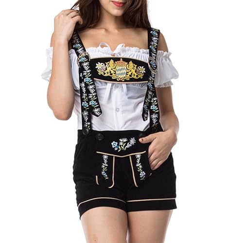 Duohropke Trachtenhose Damen Schwarz, Damen Lederhose Mit TräGer, Trachten Lederhose Damen Kurz Braun Stickerei HosenträGer Verschiedene Modelle Frauen Oktoberfest Kurz Hosen von Duohropke