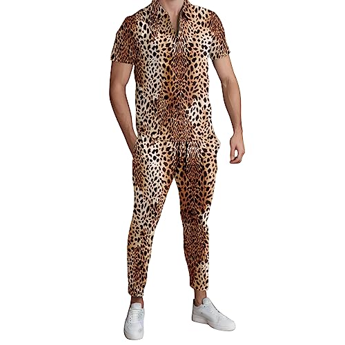 Duohropke Trainingsanzug Herren Leopard Print Zweiteiler Jogginganzug Casual Outfits Button Down Hemd Und Hose Set Leichte Freizeitanzug Bequemer Tracksuit Streetwear Activewear Sportanzug von Duohropke