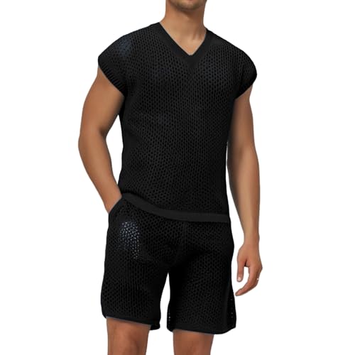 Duohropke Trainingsanzug Herren Sommer Outfit Sportanzug 2 Teiliges Strick Jogginganzug Ärmelloses V-Ausschnitt Hemd und Shorts Set Transparentes Freizeitanzug Loungewear Hosenanzug Clubwear von Duohropke