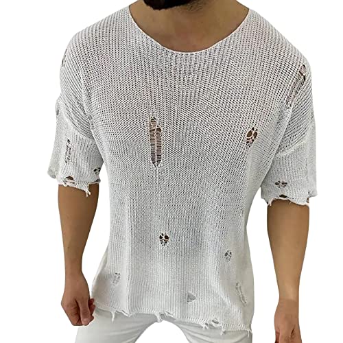 Duohropke Tshirt Herren Slim Fit Zerrissen Strickpullover Loch Look Rundhals Pullover Einfarbig Atmungsaktiv Shirts Elegant Sportshirts Sommer Muskelshirts Hip Hop Top von Duohropke