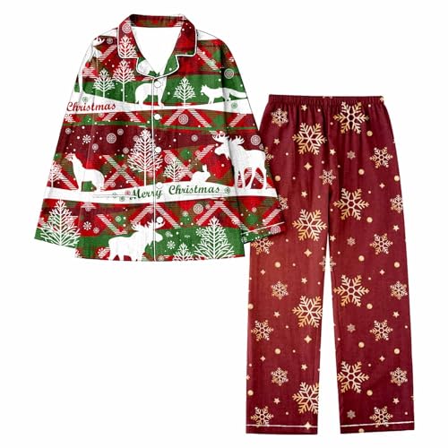 Duohropke Weihnachts Pyjama Damen mit Rentier V-Ausschnitt Sleepwear mit Knopfleiste Christmas Pyjamas Langarm Zweiteiliger Set Sleepwear Pyjamahose Sleepwear von Duohropke