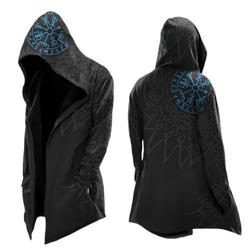 Duohropke Wikinger Kapuzenpulli Herren Mittellang Frühling Herbst Strickjacke Cosplay Kostüm Mit Kapuze 3D Gedruckt Cooler Mantel Biker Jacke Sweatshirt Sweatjacke Freizeitjacke Motorradjacke von Duohropke