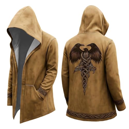 Duohropke Wikinger Kapuzenpulli Herren Mittellang Frühling Herbst Strickjacke Cosplay Kostüm Mit Kapuze 3D Gedruckt Cooler Mantel Biker Jacke Sweatshirt Sweatjacke Freizeitjacke Motorradjacke von Duohropke