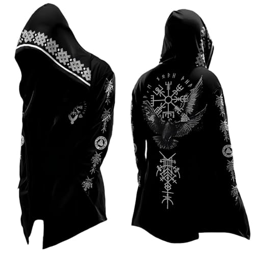 Duohropke Wikinger Mittellanger Kapuzenpulli Herren 3D Gedruckt Odin Mythos Frühling Herbst Umhänge Mittelalterliches Cosplay Kostüm Persönlichkeit Biker Trend Cardigan Skandinavien Geschenk von Duohropke
