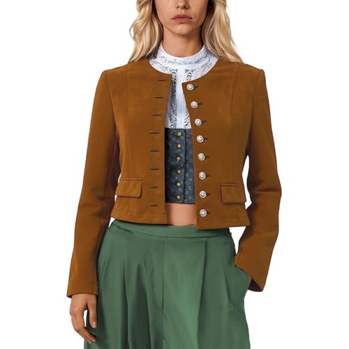 Duohropke Wildlederjacke für Damen Oktoberfest Anzugjacke Mantel mit Knopfleiste Jacket Oversize Übergangsjacke Lederjacke Business Casual Oberteile Langarm Rüschen Freizeitjacke Herbstjacke von Duohropke