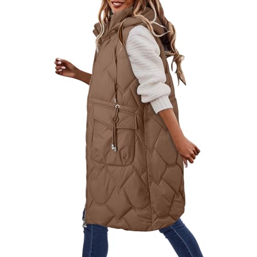 Duohropke Winterjacke Damen Lang Daunenweste Leichte Warm Steppweste Reißverschluss Pufferjacke mit Kapuze Große Größen Kapuzenweste Übergangsjacke Ärmellose Daunenmantel Lose Longweste Outdoorjacke von Duohropke