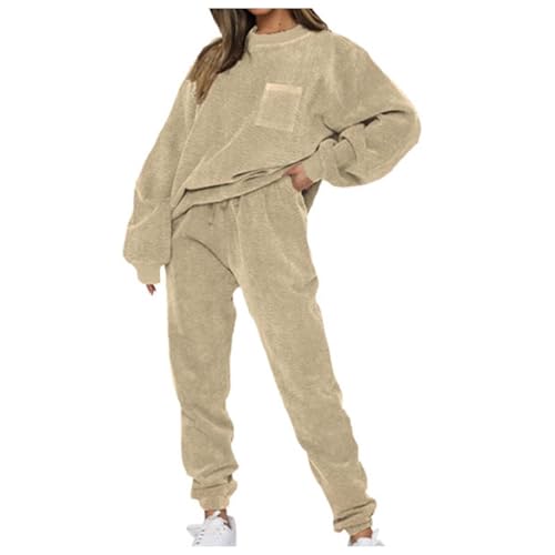 Duohropke Zweiteiler Damen Cord 2 Teiliger Rundhalsausschnitt Langärmelig Pullover Sweathosen Set Einfarbig Trainingsanzug Jogginganzug Herbst Winter Flauschige Freizeitkleidung Kuscheliganzug von Duohropke