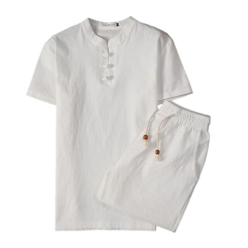 Duohropke Zweiteiler Herren Leinenanzug Sommer Outfit 2 Teiler Kurzarm Hemd und Hose Freizeitanzug Set Lässiges Einfarbig Jogginganzug Hausanzug von Duohropke