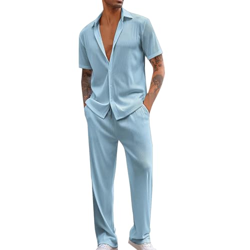 Duohropke Zweiteiler Leinen Freizeitanzug Herren Leinenanzug Sommer 2-Teiliges Shirt Langarm und Strandhose aus Baumwolle und Leinen Hausanzug Jogginganzug von Duohropke