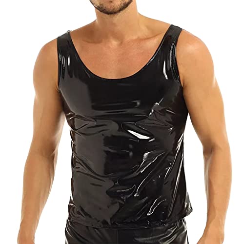 Herren Shirt Muskelshirt Tank Top ohne Arm Leder Lack Latex Optik Schwarz Männer Unterwäsche Stretch Hemd Tops Clubwear Guywear Gogo Swingerclub Freizeithemd Sommer Muskel Top Vinyl Oberteil von Duohropke