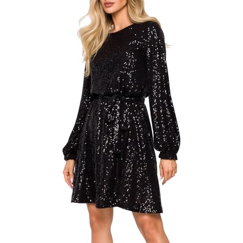 Partykleid Damen Elegant Pailletten Rundhals Einfarbig Kleider Laternenärmel Kurz Abendkleid Langarm Glitzer Minikleid Herbst Winter Warm Kleider Loose Freizeitkleid Tunikakleid Blusenkleid von Duohropke