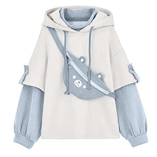 Teenager Mädchen Oversized Hoodies mit Bär Taschen Kawaii Patchwork Sweatshirts mit Kapuze Langarm Pullover Casual Loose Kapuzenpullover Herbst Winter Kleidung von Duohropke