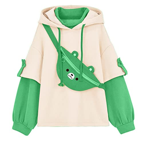 Teenager Mädchen Oversized Hoodies mit Bär Taschen Kawaii Patchwork Sweatshirts mit Kapuze Langarm Pullover Casual Loose Kapuzenpullover Herbst Winter Kleidung von Duohropke