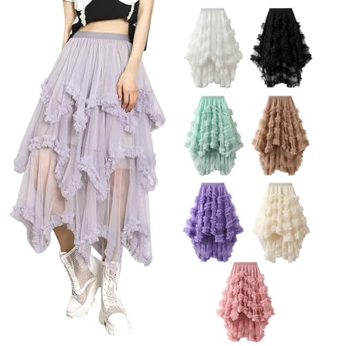Tüllrock Damen Mädchen Elegant Weich Knielang Lang Sommerrock Vintage Tütü Rüschen Tüll Rock Midi Rock Elastisch Hohe Taille Plissee LayeRot Rock Floral Print Mesh A-Linie Tutu Rock von Duohropke