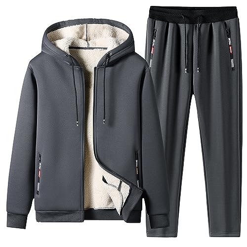 Warmer Jogginganzug Herren Winter Plüsch Trainingsanzug Herren Fleece Hausanzug Herren Winter Gefüttert und Warm Jogginganzug Herren Innen Mit Fell Kapuzenjacke Jogginghose Bekleidungsset 2-Teilig von Duohropke