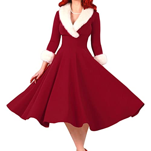 Duohropke Weihnachtskleid Damen mit Plüsch Kragen Elegant Abendkleider Weihnachtskostüme Damen für Weihnachtsfeier Swing Plisseekleid Knielang A-Linie Cocktailkleid für Silvester Karneval von Duohropke