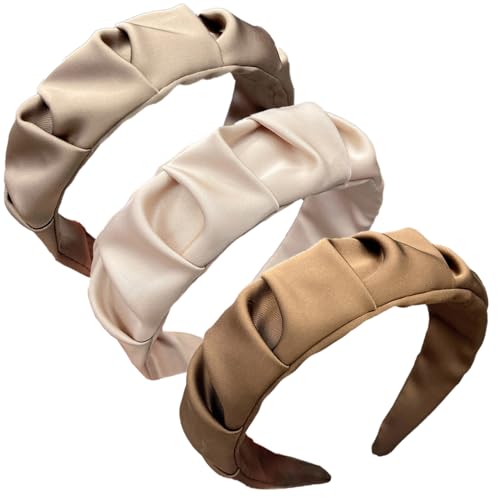 3 Stück Falten Stoff Stirnbänder für Damen, Haarband für Damen, Breit Damen Stirnband Haarreifen Stirnband Haarbänder Haarreif Kopfband Haarschmuck Zubehör für Frauen Damen Mädchen Khaki Kaffee Beige von Duories