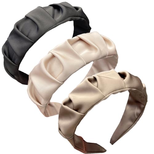 3 Stück Falten Stoff Stirnbänder für Damen, Haarband für Damen, Breit Damen Stirnband Haarreifen Stirnband Haarbänder Haarreif Kopfband Haarschmuck Zubehör für Frauen Damen Mädchen Khaki Schwarz Beige von Duories