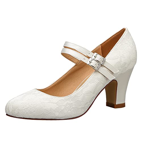 Duosheng Geschlossene Zehen Bequem Bloackabsatz Mary Jane Pumps Lace Spitze Hochzeitsschuhe Brautschuhe Ivory Gr. 40 von Duosheng & Elegant